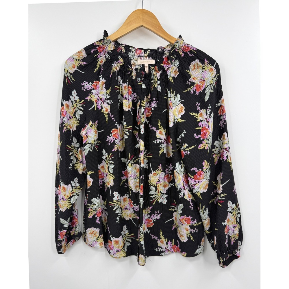Rebecca Taylor‎ Boquet Black Floral Silk Smocked Neck Long Sleeve Blouse Size S
